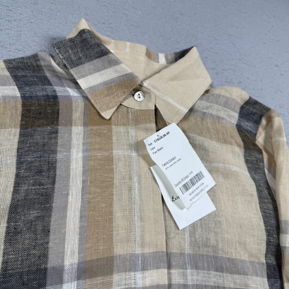 Worth New York Flax Black Plaid Linen Cotton Handkerchief Hem Shirt XP NWT